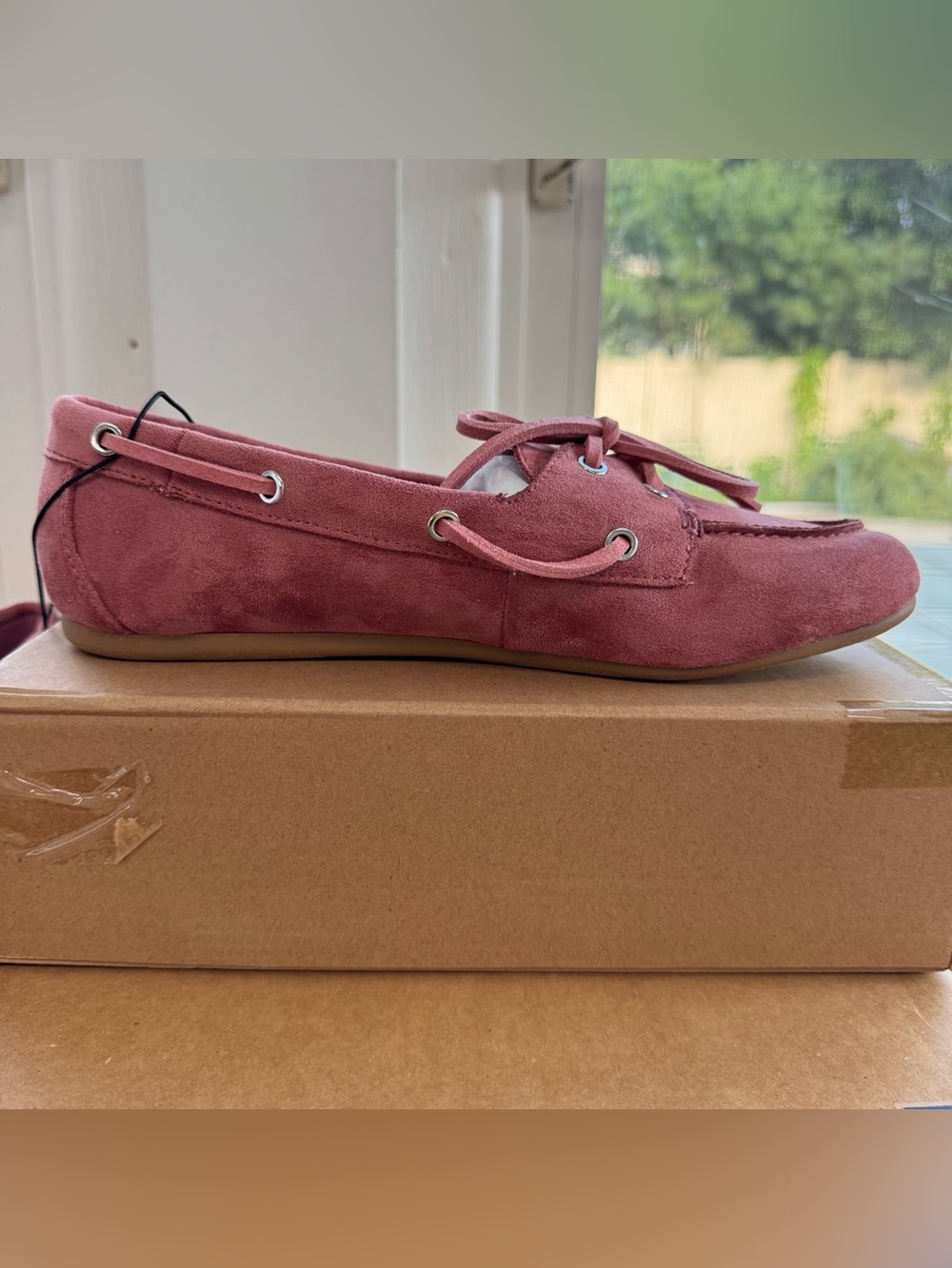 Time and Tru Womens Pink Faux Suede Boat Shoes Memory Foam Moc Toe Loafers 8 New - Picture 7 of 15